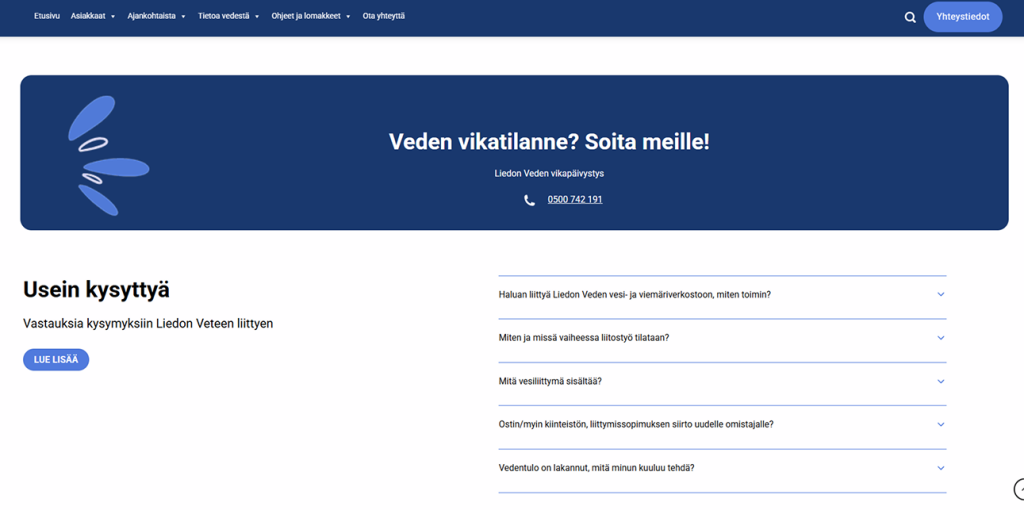 Liedon Kaupungin vesihuollon verkkosivujen uudistuksella kuluttaja-asiakkaiden palvelut paremmin esille